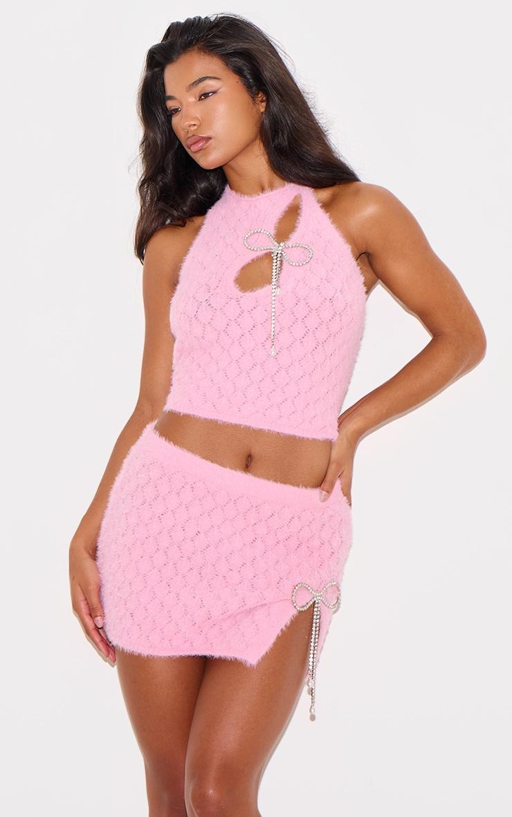 Pink Textured Eyelash Knit Bow Trim Mini Skirt Product Image