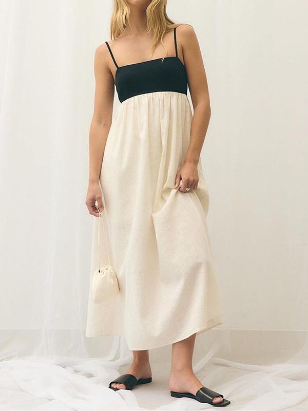 A-Line Loose Contrast Color Pleated Split-Joint Spaghetti-Neck Maxi Dresses Product Image