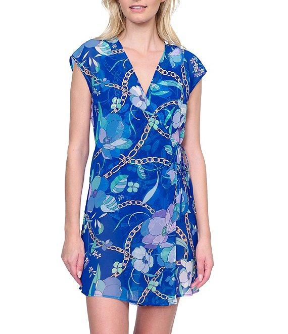 Gottex Semi Sheer Floral Print Surplice V-Neck Cap Sleeve Tie Waist Wrap Dress Swim Cover-Up Product Image