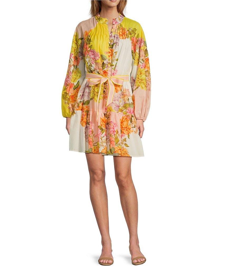 Antonio Melani Brynn Floral Print Dress Mock Neck Long Sleeve Self-Tie Button Front Dress Product Image