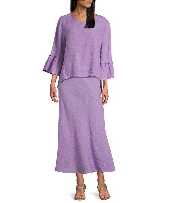 Bryn Walker Light Linen Fran Round Neck 3/4 Ruffle Bell Sleeve Hi-Low Hem Shirt Product Image