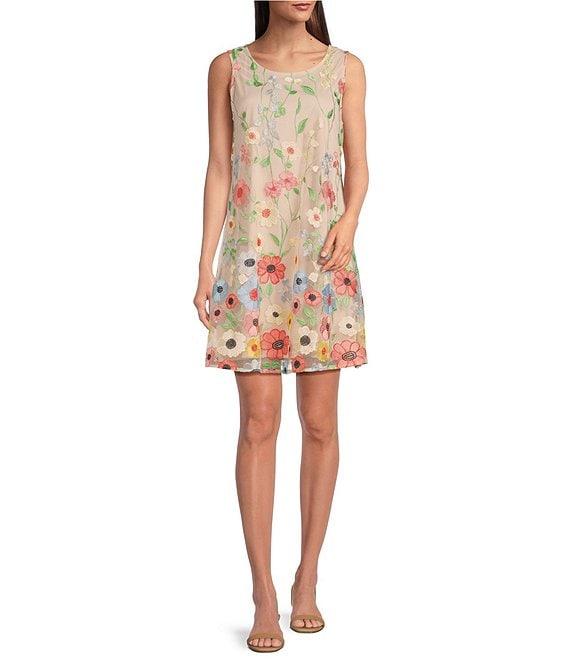 Leslie Fay Crew Neck Sleeveless Embroidered Mesh Floral Shift Dress Product Image