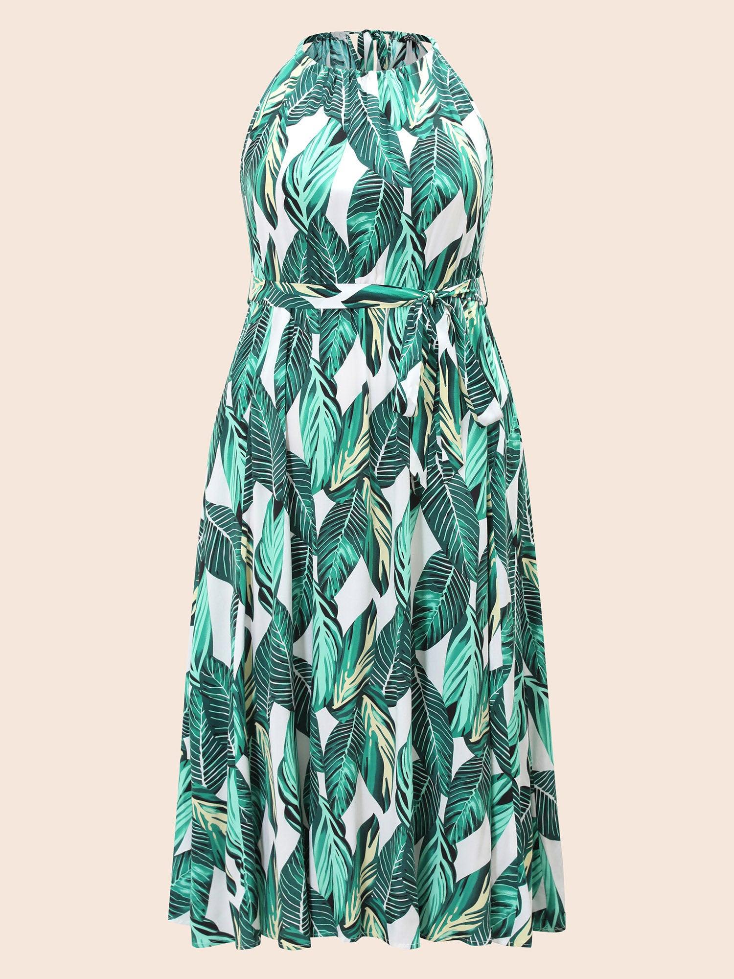 Tropical Print Knotted Pocket Ruffles Belted Halter Dress Female Product Image