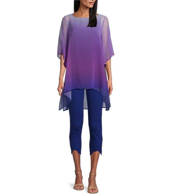 Slim Factor by Investments Purple/Royal Blue Ombre Border Print Boat Neck 3/4 Sleeve Lined Tunic Product Image