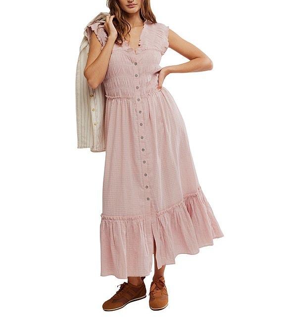 Free People Desert Dazed Ruffle V-Neck Cap Sleeve Tiered Hem Button-Front Midi Dress Product Image