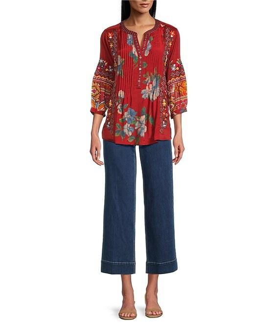 John Mark Embroidered Multi Patch Split V-Neck 3/4 Sleeve Hi-Low Hem Tunic Product Image