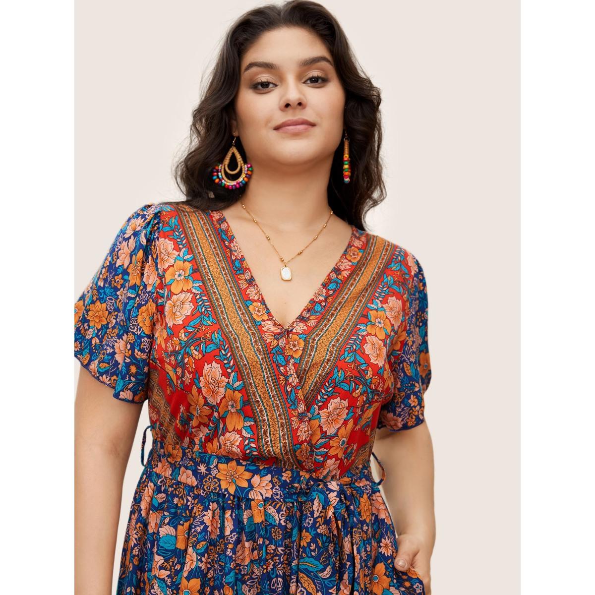 Plus Size Bandana Surplice Neck Pocket Belted Flutter Hem Maxi Dress DarkBlue Women Boho Non V-neck Short sleeve Curvy Long Dress BloomChic 14-16/1X Product Image