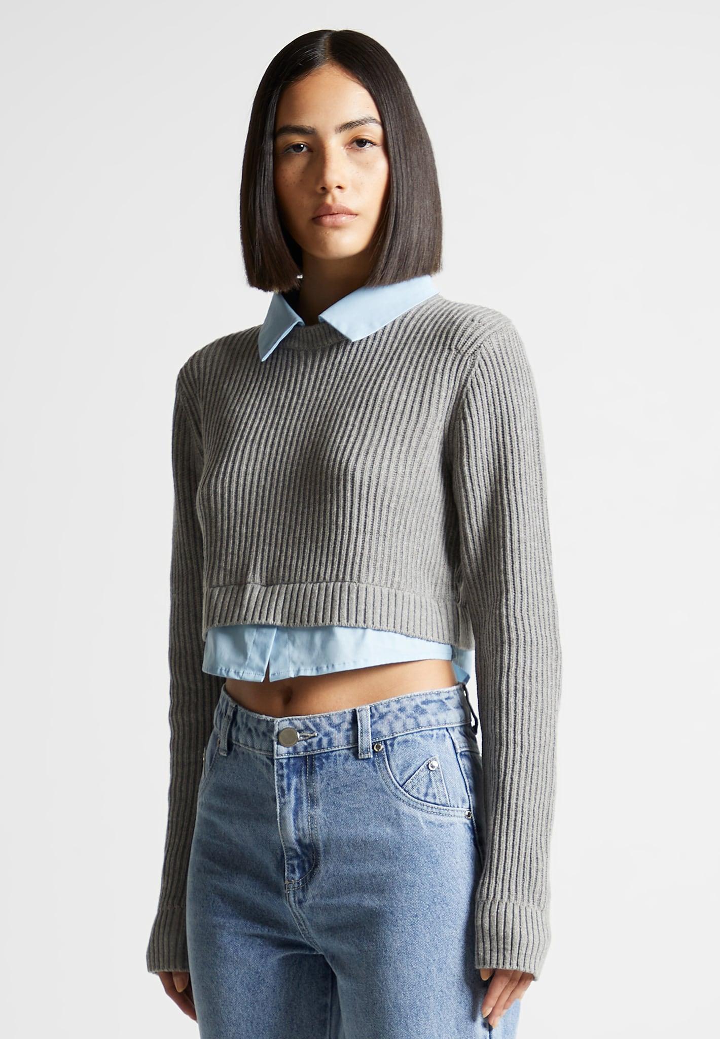 Knitted Jumper with Shirt Detail - Blue/Grey Female Product Image