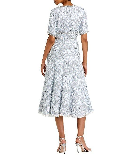 Mac Duggal Short Sleeve Beaded Trim Boucle Midi Dress Product Image