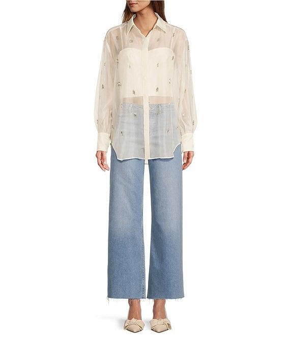 Antonio Melani Priscilla Organza Sheer Jewel Embellished Point Collar Long Sleeve Button Front Blouse Product Image