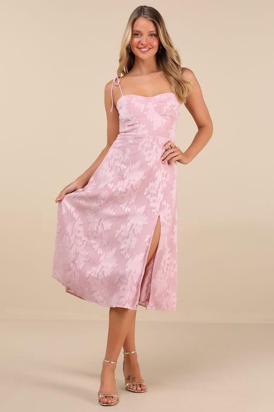 Loveliest Looks Blush Pink Floral Jacquard Tie-Strap Midi Dress Product Image