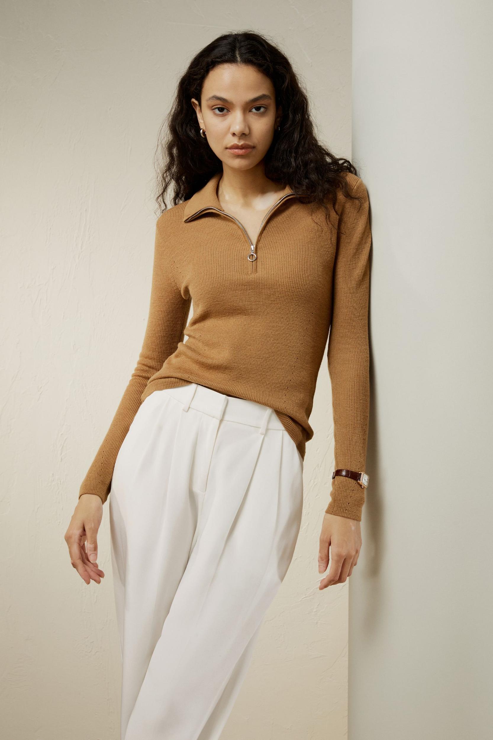 Gaia Ribbed Half Zip Ultra-fine Merino Wool Sweater Product Image