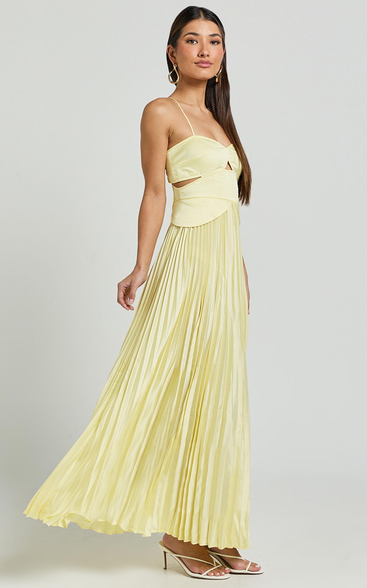 Shay Maxi Dress - Sweetheart Cut Out Pleated Dress in Lemon Product Image
