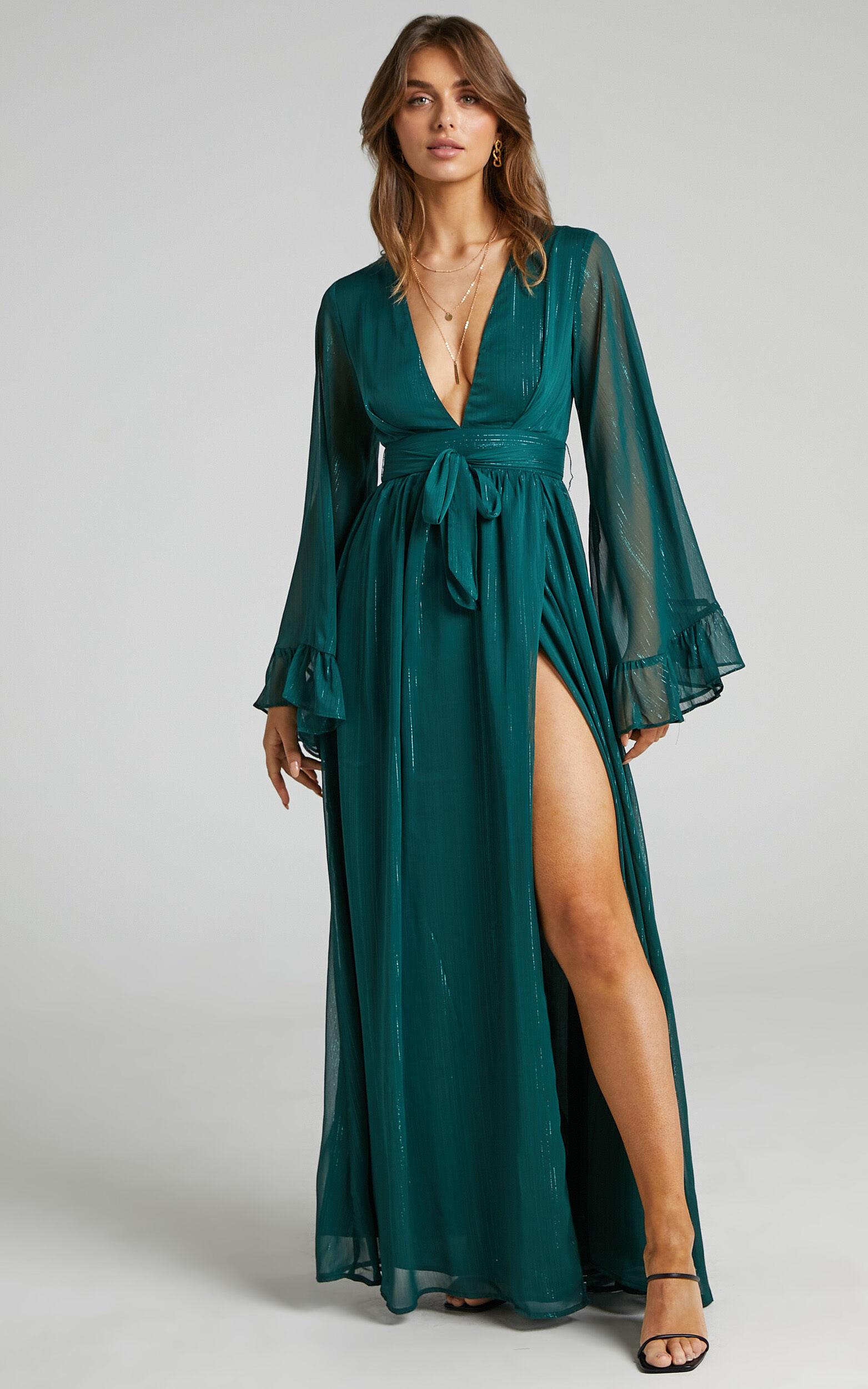 Dangerous Woman Maxi Dress - Plunge Thigh Split Dress in Emerald Product Image