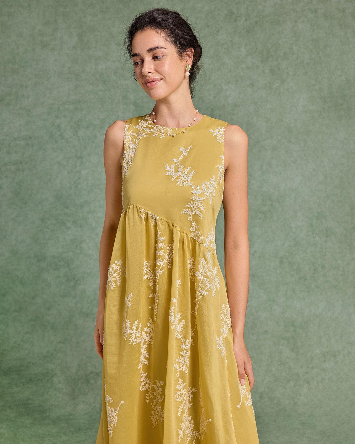 Yellow Floral Round Neck Sleeveless Midi Dress Product Image