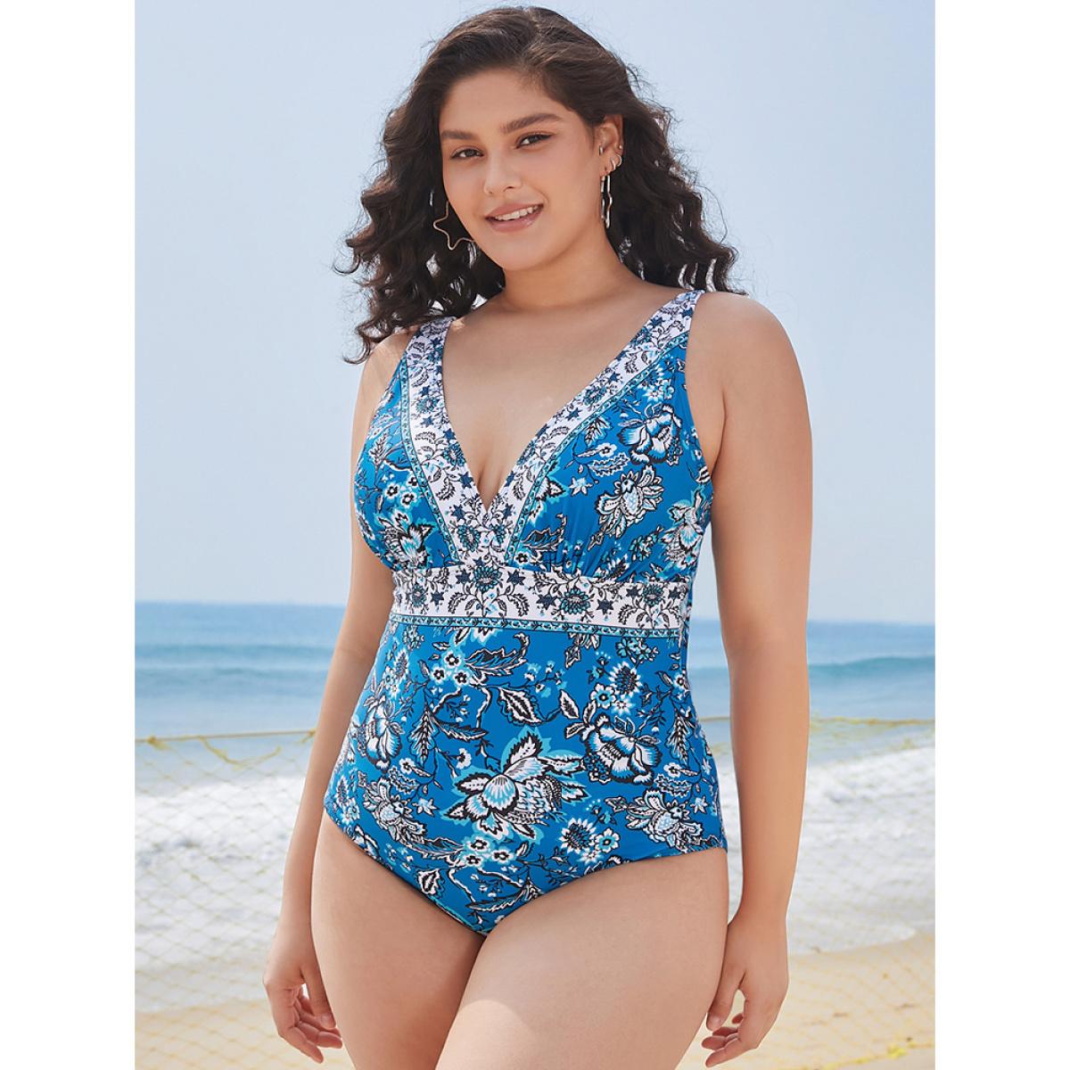 Plus Size Bandana Print Sculpt Waist Adjustable Straps One Piece Swimsuit Women's Swimwear Cyan Vacation Adjustable Straps Curve Bathing Suits High stretch One Pieces BloomChic 22-24/3X Product Image