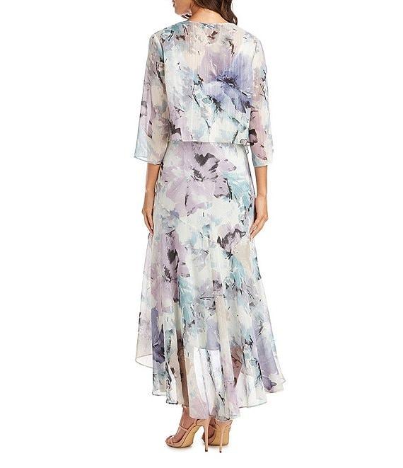 R & M Richards Watercolor Floral Printed Chiffon V-Neck Tiered Ruffle High-Low Hem 3/4 Sleeve 2-Piece Jacket Dress Product Image