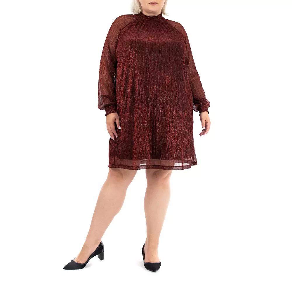 Plus Size Nina Leonard Smockneck Trapeze Dress, Women's, Size: 3XL, Black Red Product Image