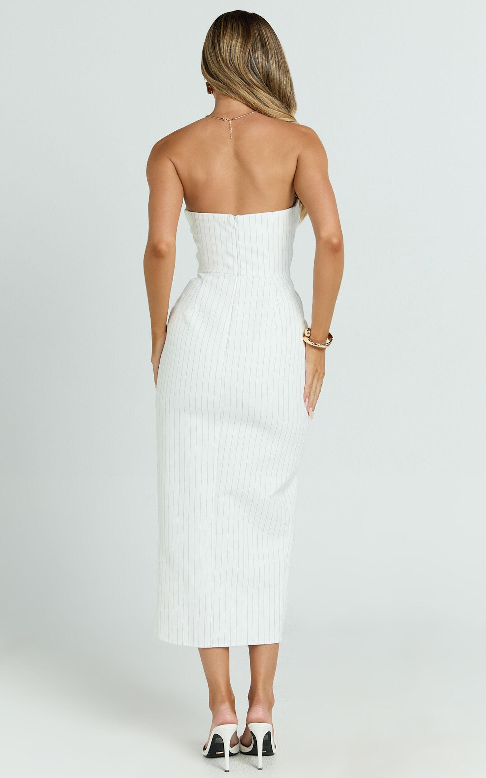 Wendy Midi Dress - Strapless Sweetheart Neckline Fitted Side Split Dress in White/Black Product Image