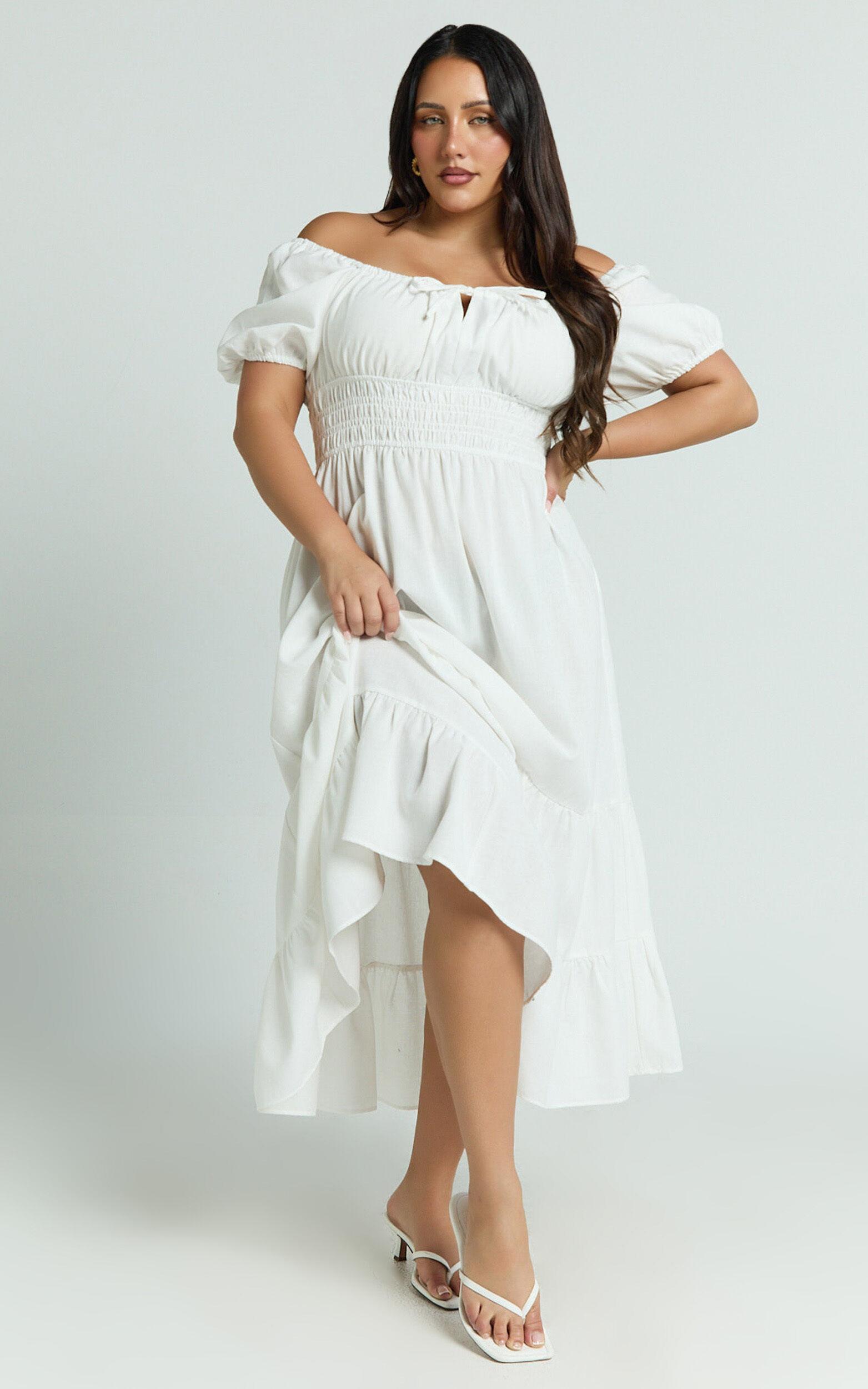 Claritza Midi Dress - Linen Look Short Puff Sleeve Square Neck Tiered Dress in White Product Image