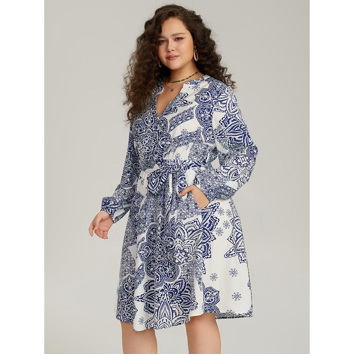 Plus Size Bandana Print Notched Belted Dress Blue Women Vacation Elastic cuffs Notched collar Long Sleeve Curvy Midi Dress BloomChic 22-24/3X Product Image