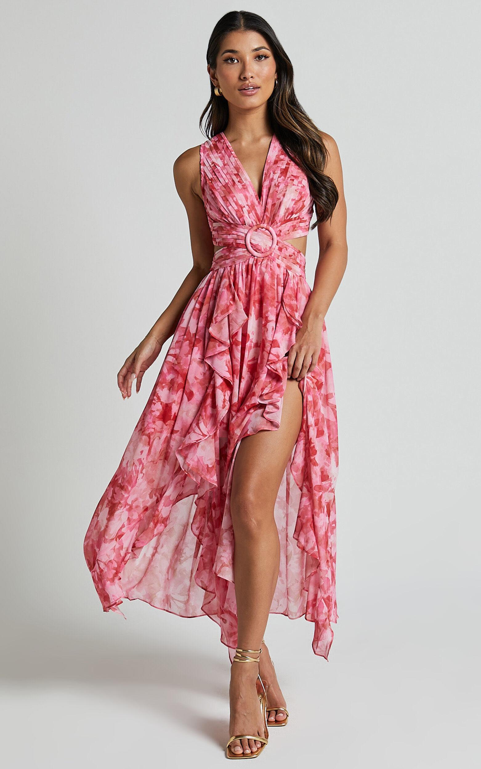 Marga Maxi Dress - Plunge Ruffle Detail Cut Out Dress in Petal Paradise Product Image