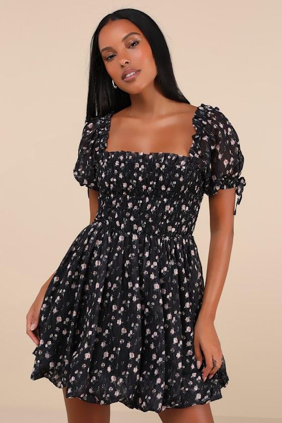 Delightful Crush Black Floral Smocked Puff Sleeve Mini Dress Product Image