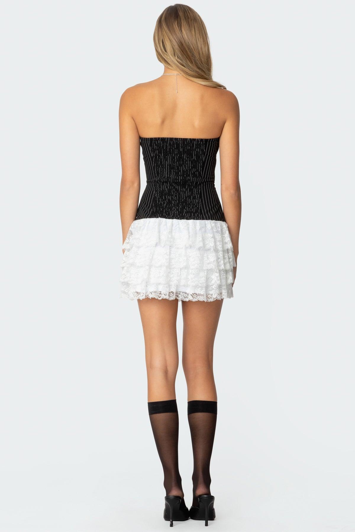 Strapless Pinstripe Ruffle Skirt Mini Dress Product Image