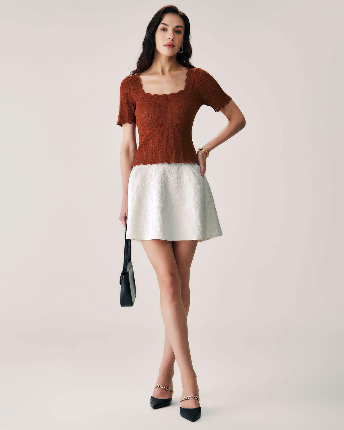 Beige Jacquard A-Line Mini Skirt Product Image