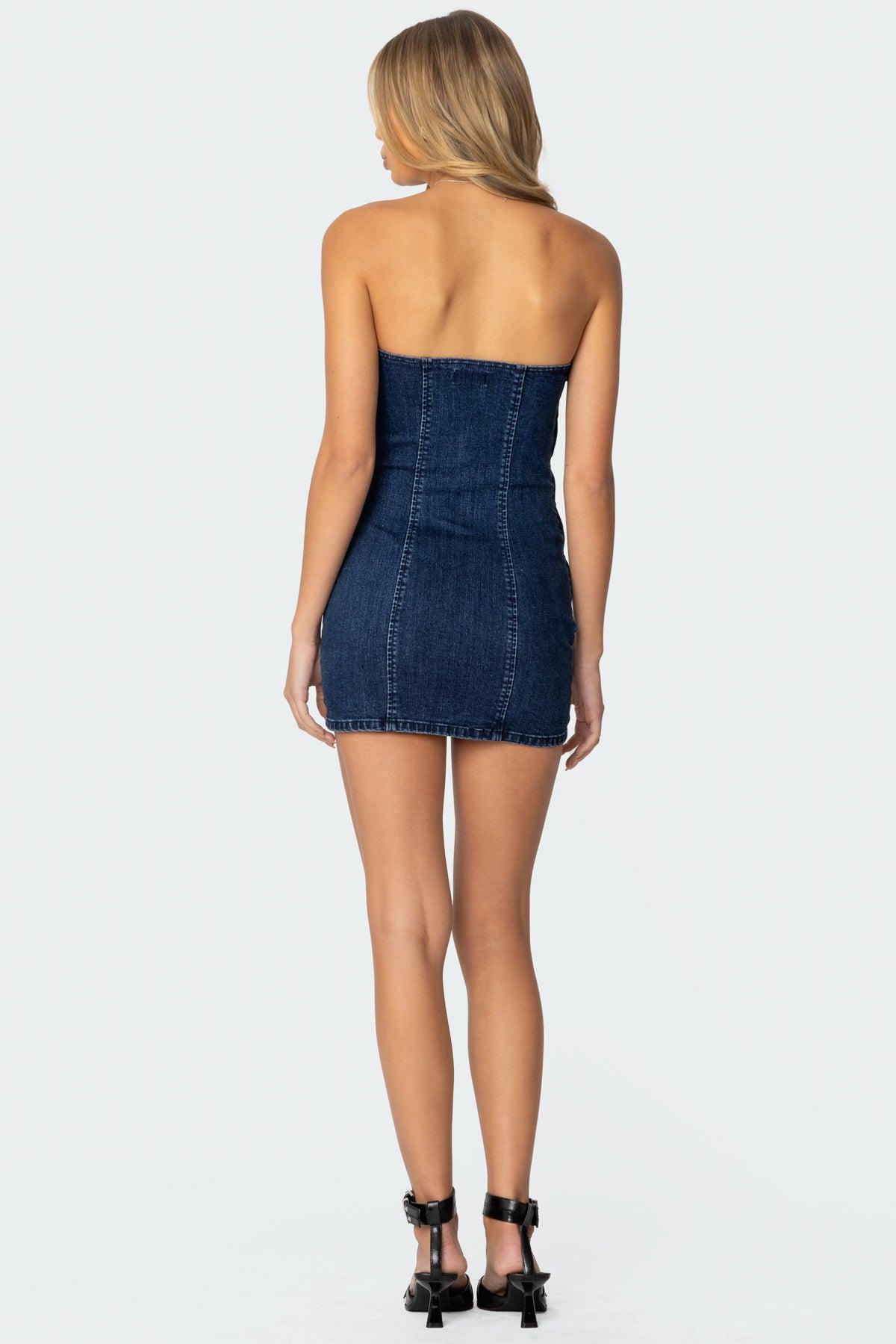 Ruched Strapless Denim Mini Dress Product Image