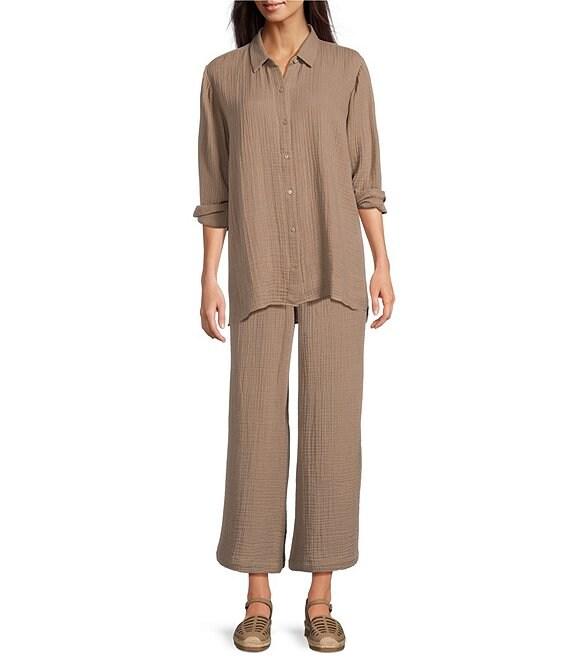 Eileen Fisher Petite Organic Cotton Gauze Elastic Waist Straight Leg Pants Product Image