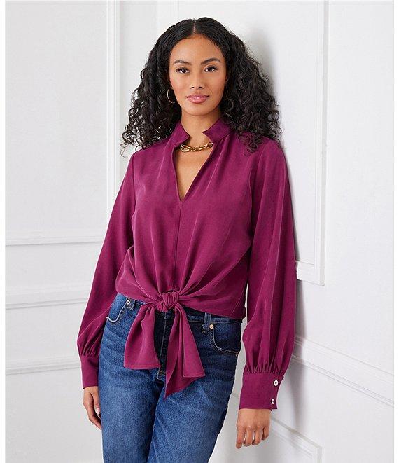 Karen Kane Woven Tie Collared Long Sleeve Top Product Image