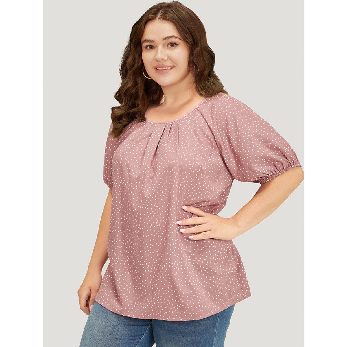 Plus Size DustyPink Polka Dot Pleated Round Neck Puff Sleeve Blouse Women Office Short sleeve Round Neck Work Blouses BloomChic 30/6X Product Image