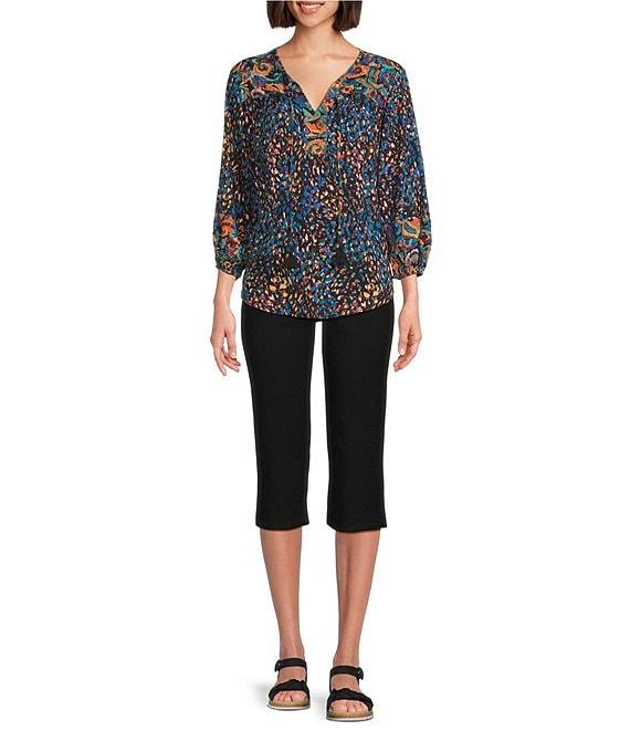 Westbound Petite Size Woven Multi Fanned Florish Elbow V-Neck Tie Blouse Product Image