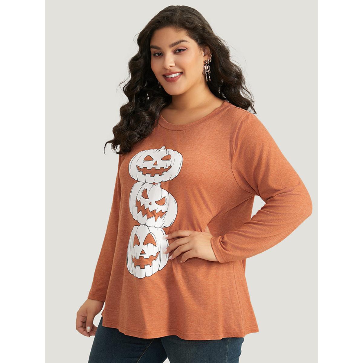 Plus Size Halloween Three Pumpkin Print Crew Neck T-shirt Chocolate Women Casual Printed Halloween Festival-Halloween T-shirts BloomChic 10/M Product Image