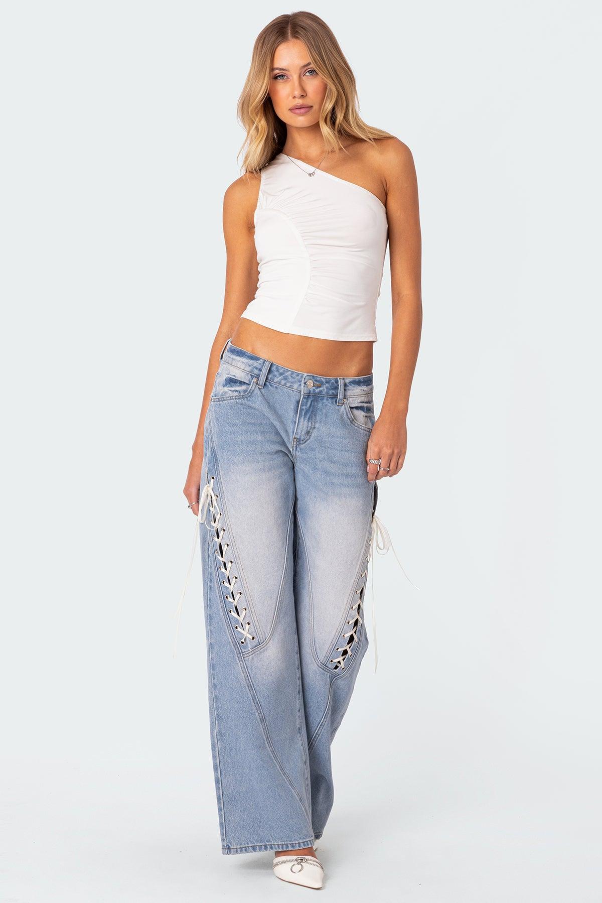 Ribbon Lace Up Low Rise Baggy Jeans Product Image