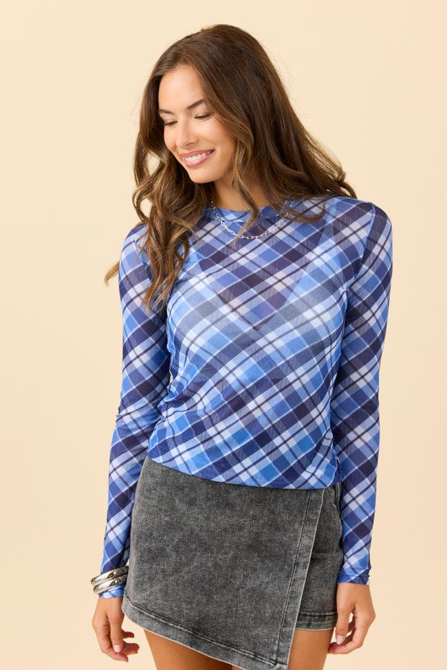 Ansley Long Sleeve Blue Plaid Mesh Crewneck Top FINAL SALE Product Image