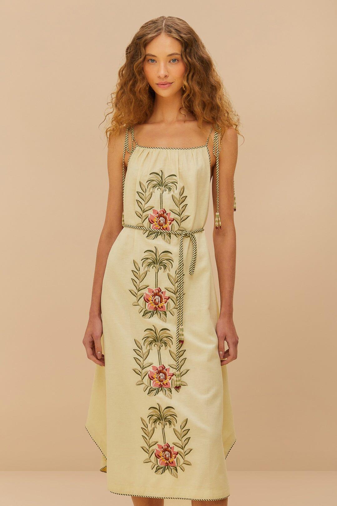 Sand Tropical Flower Embroidered LENZING™ ECOVERO™ Euroflax™ Maxi Dress Product Image