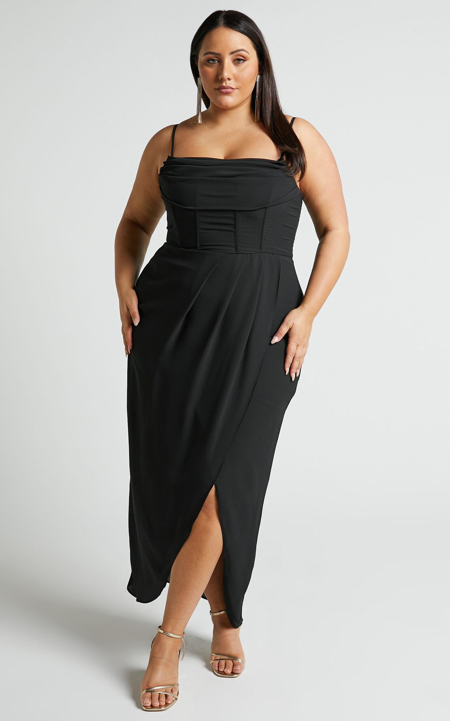 Andrina Midi Dress - High Low Wrap Corset Dress in Black Product Image