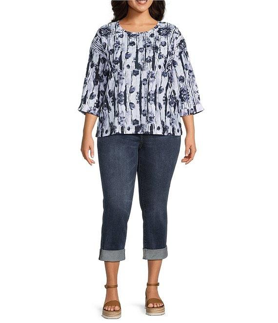 Leo & Nicole Plus Size Textured Floral Shadow Print Boat Neck 3/4 Sleeve Top Product Image