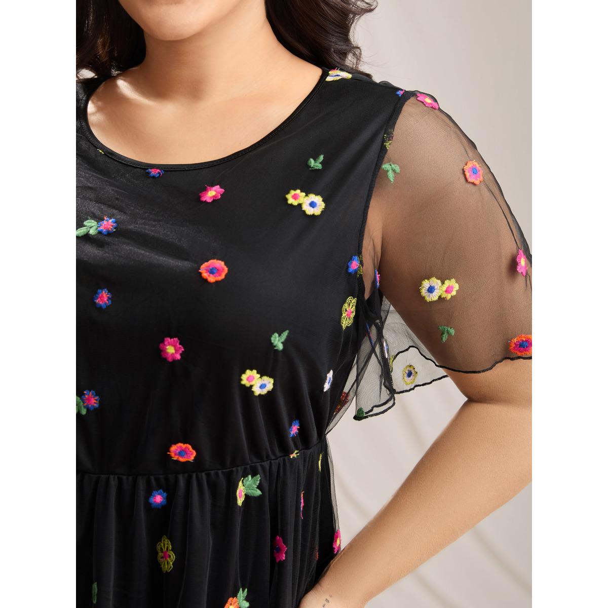 Plus Size Black Floral Mesh Embroidery Babydoll Blouse Women Playful Short sleeve Round Neck Casual Blouses BloomChic 30/6X Product Image