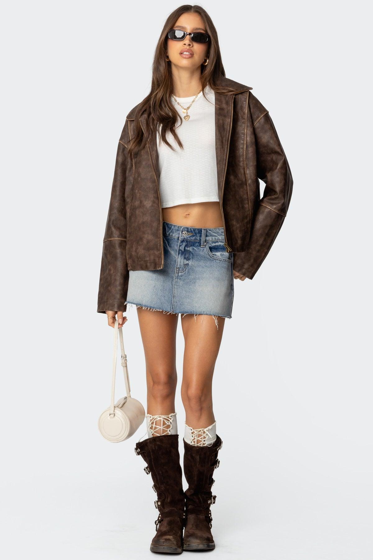 Oversized Washed Faux Leather Jacket Product Image