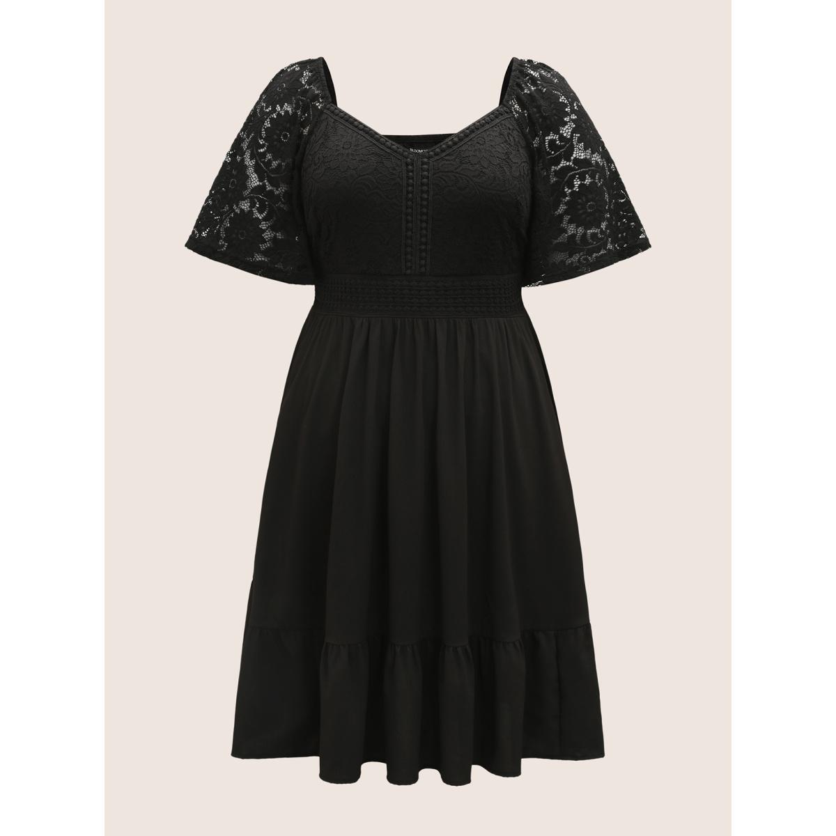 Plus Size Crochet Lace Heart Neckline Patchwork Shirred Dress Black Women Elegant Woven ribbon&lace trim Heart neckline Short sleeve Curvy BloomChic 14-16/1X Product Image