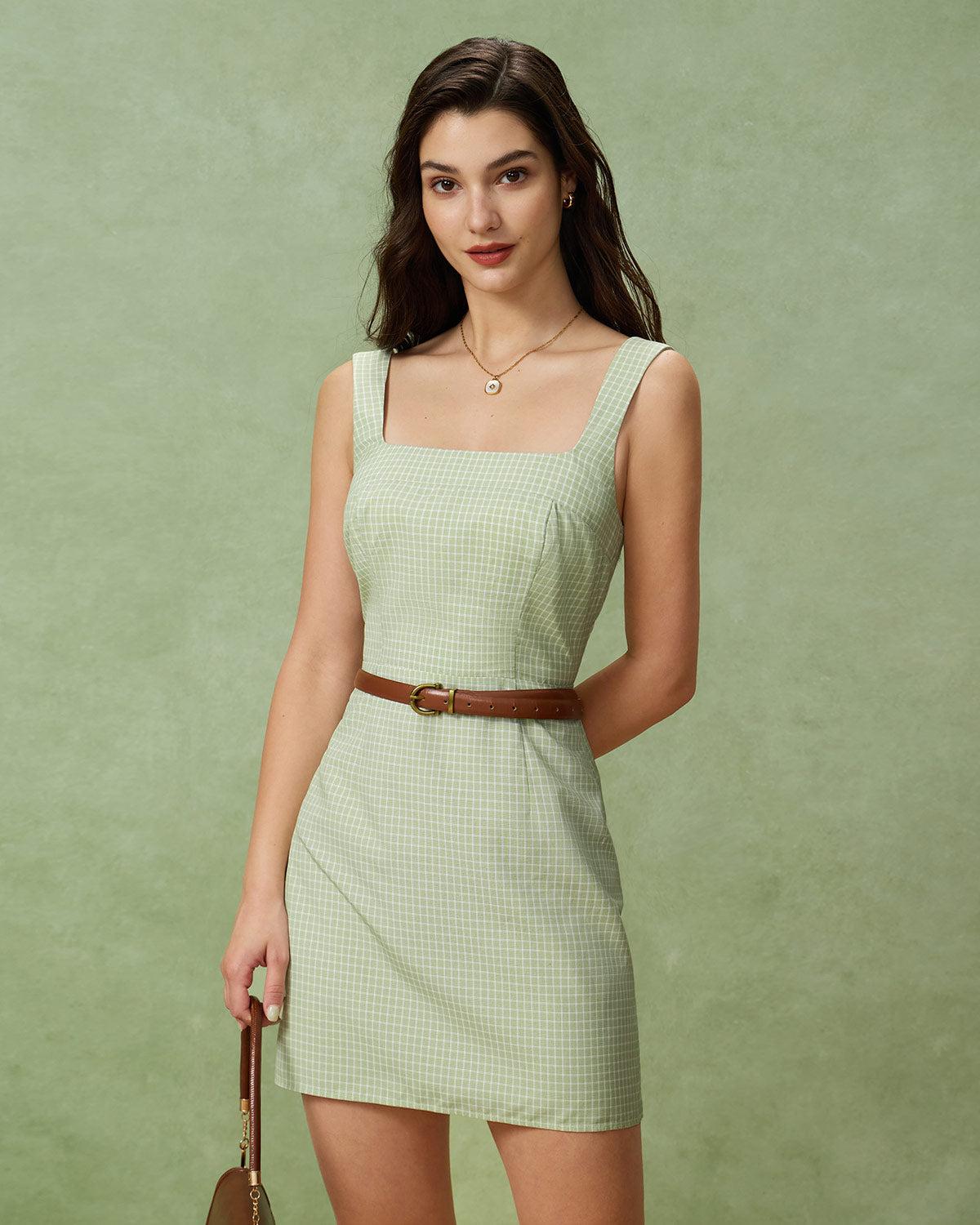 Green Plaid Square Neck Shirred Slip Mini Dress Product Image