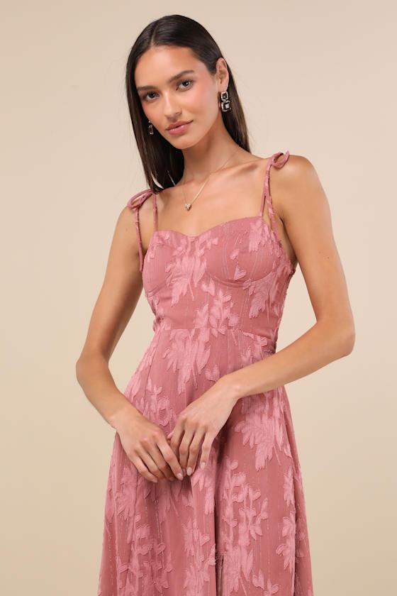 Loveliest Looks Dusty Rose Floral Jacquard Tie-Strap Midi Dress Product Image