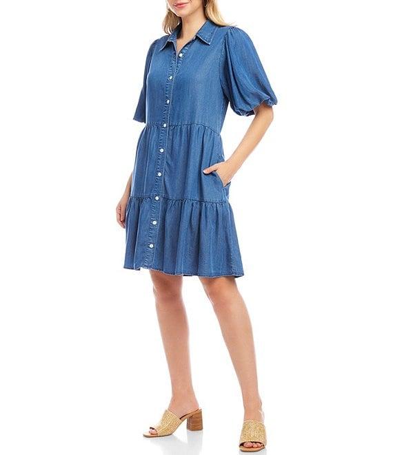 Karen Kane Chambray Point Collar Puff Sleeve Tiered Dress Product Image