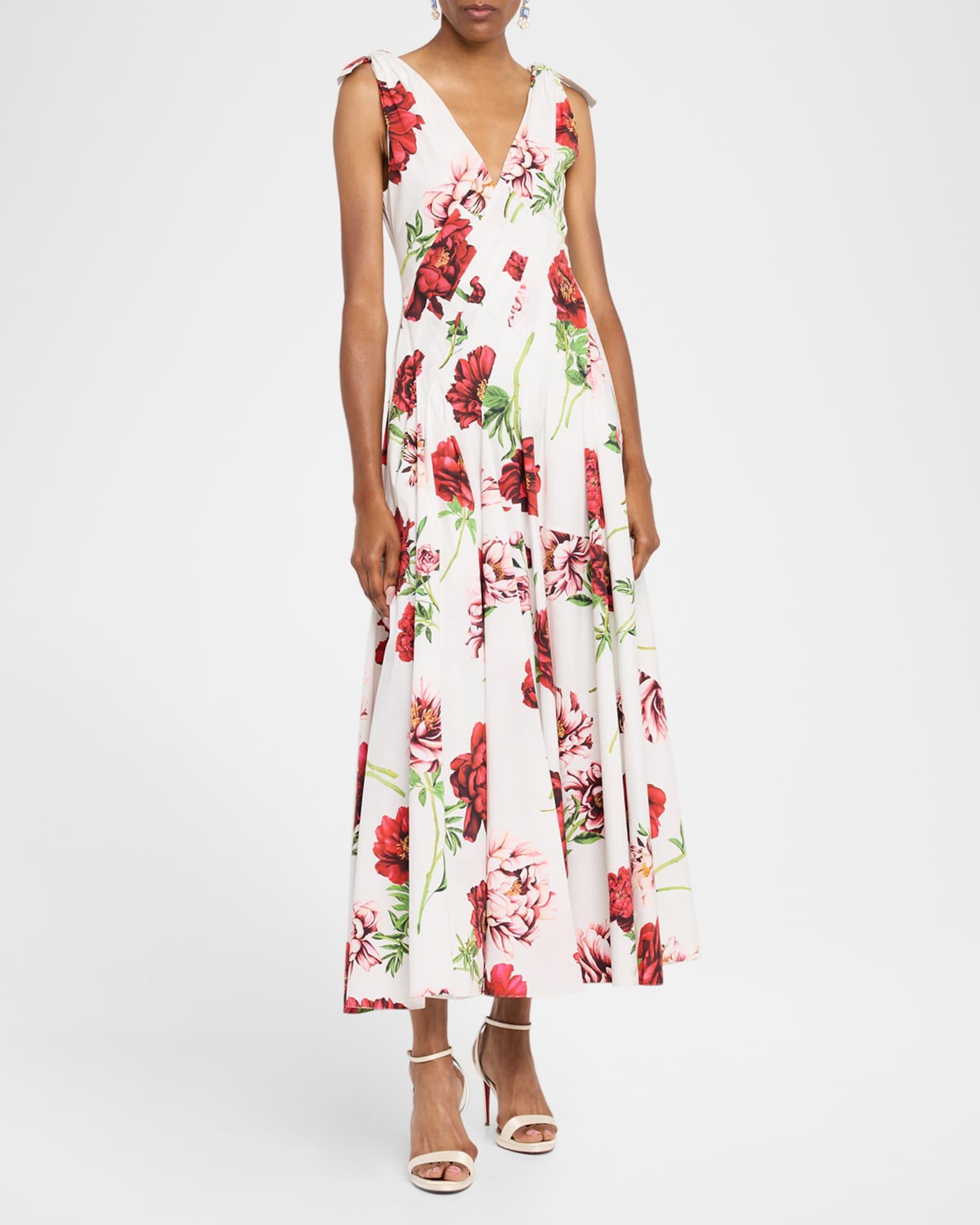 Sleeveless V-Neck Peony-Print Poplin Day Dress Product Image