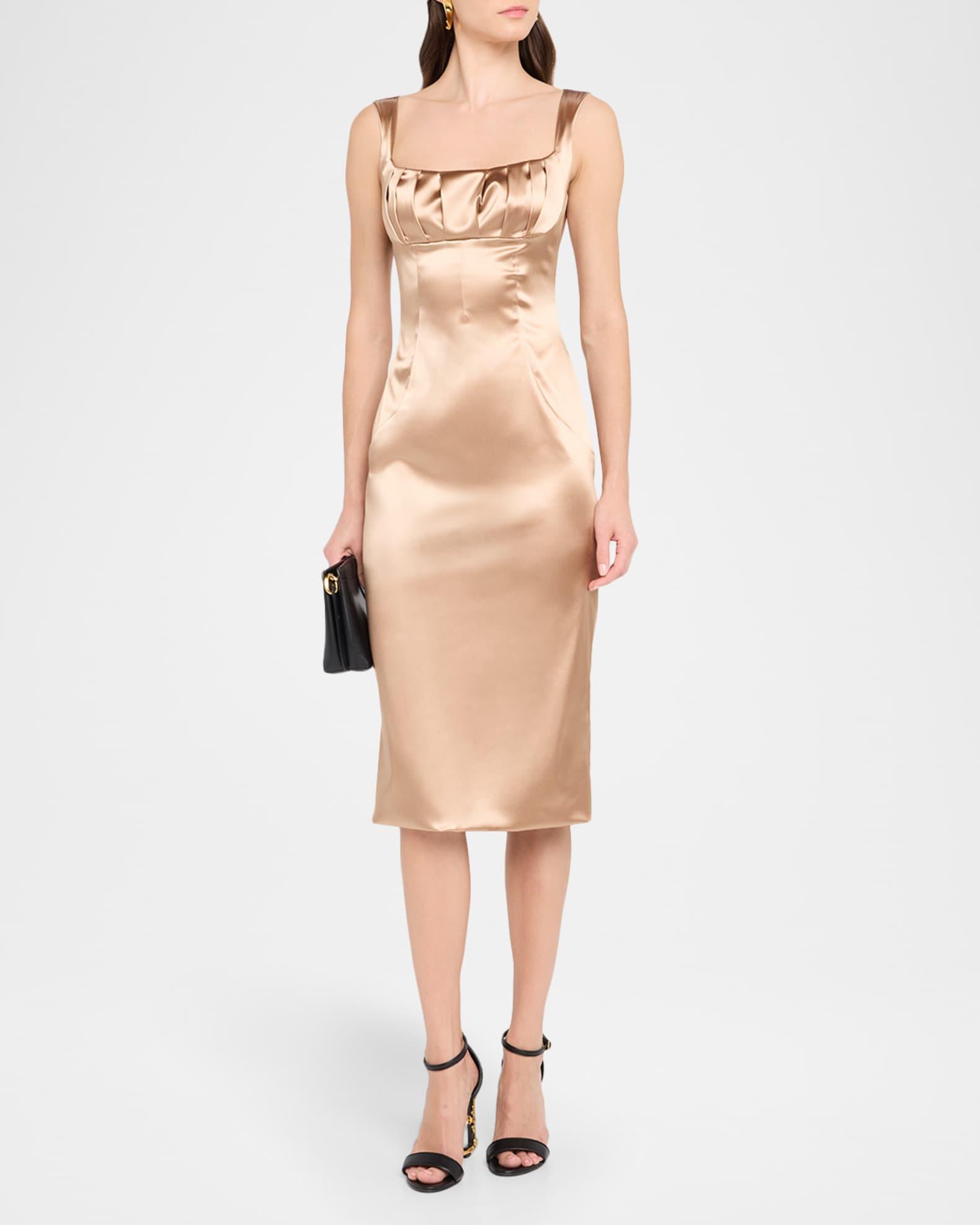 Sleeveless Pleated Stretch Satin Midi Dress Product Image