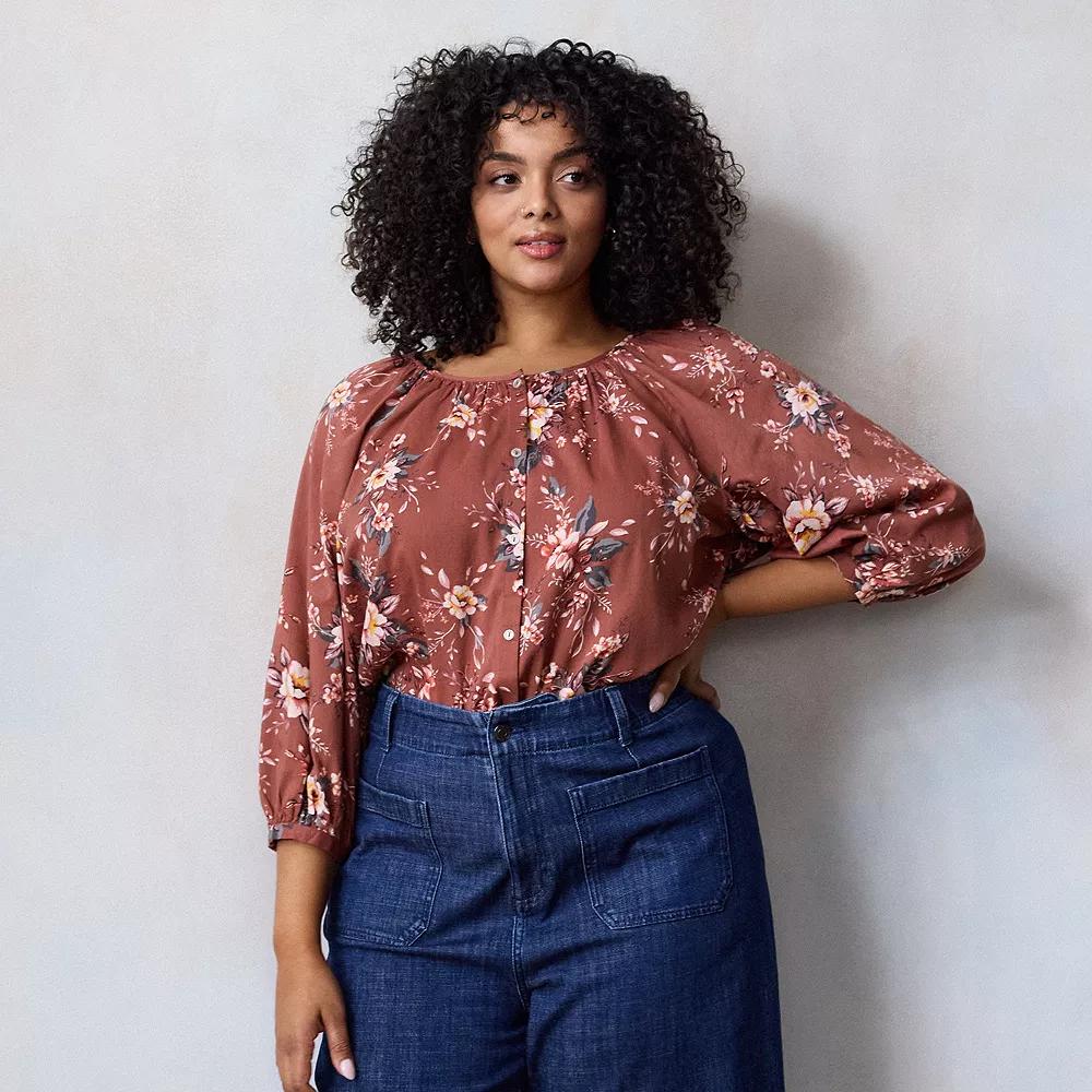 Plus Size LC Lauren Conrad Raglan Sleeve Button Front Peasant Top, Women's, Size: 3XL, Red Genevieve Garden Product Image