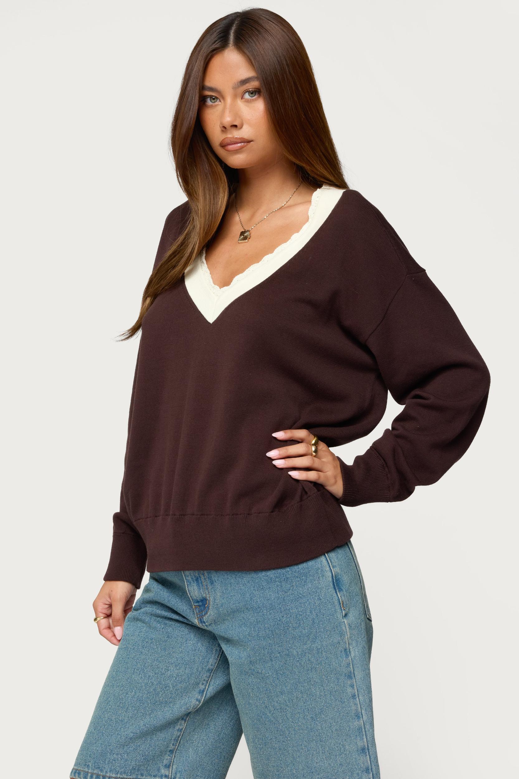 Marie Contrast Lacey V Neck Sweater Product Image